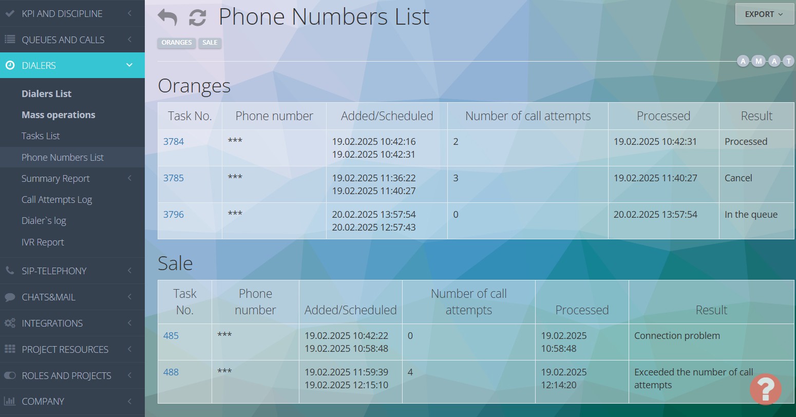 Raport «Lista telefonów»