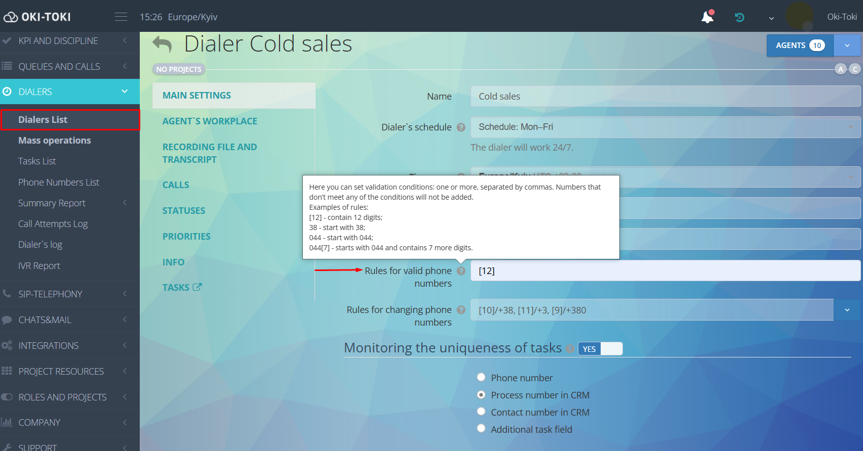 Walidacja w dialer